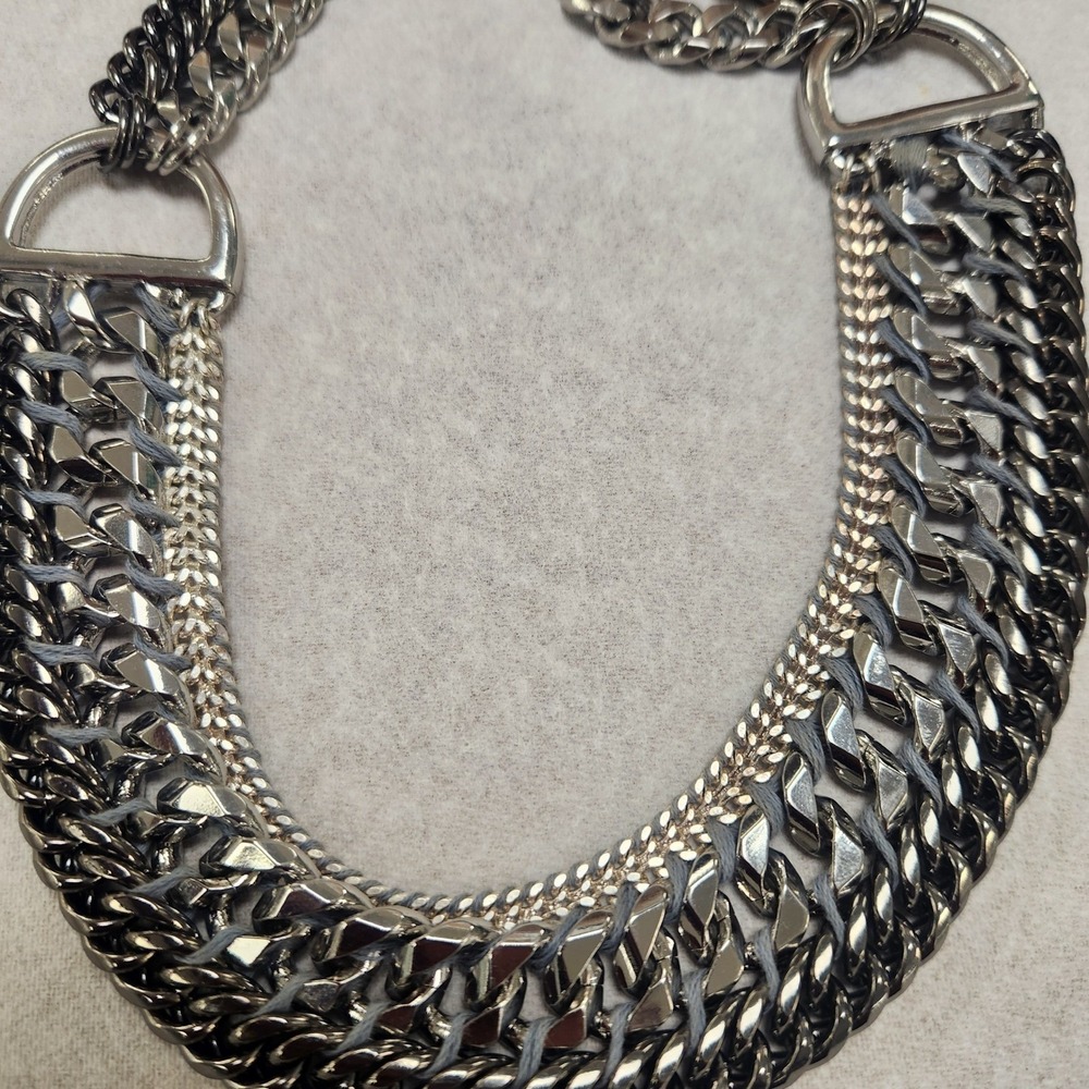 Mixed Metal Chunky Bib Statement Necklace Gunmetal Silver Multi Layer Chain